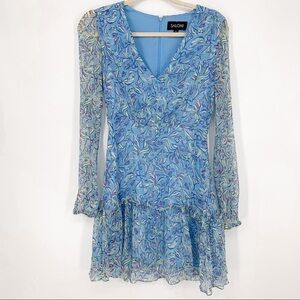 Saloni V Neck Blue Printed Silk Dress Size 2